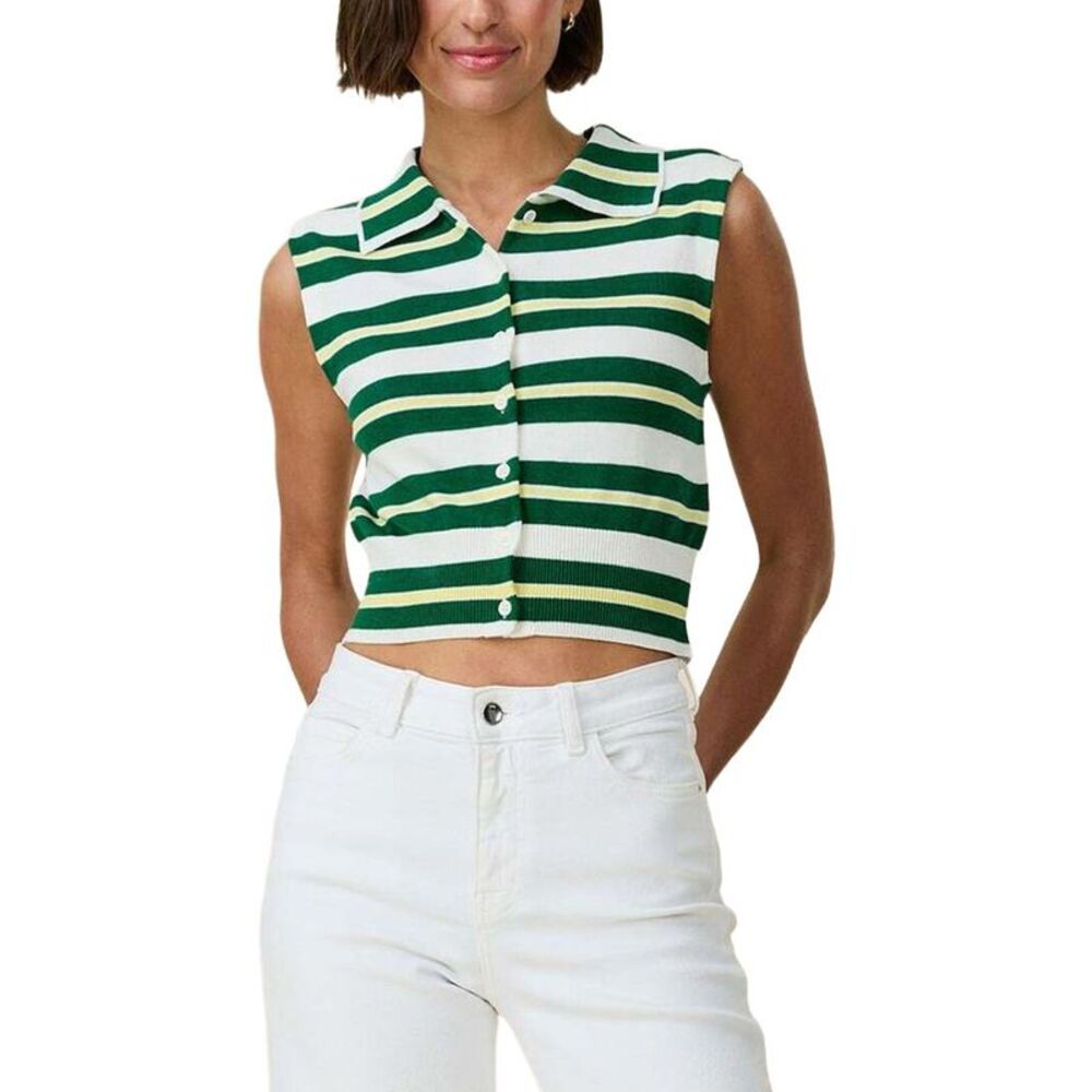 Rowing Blazers Womens Striped Knit Collared Button Up Cashmere-Blend Tank